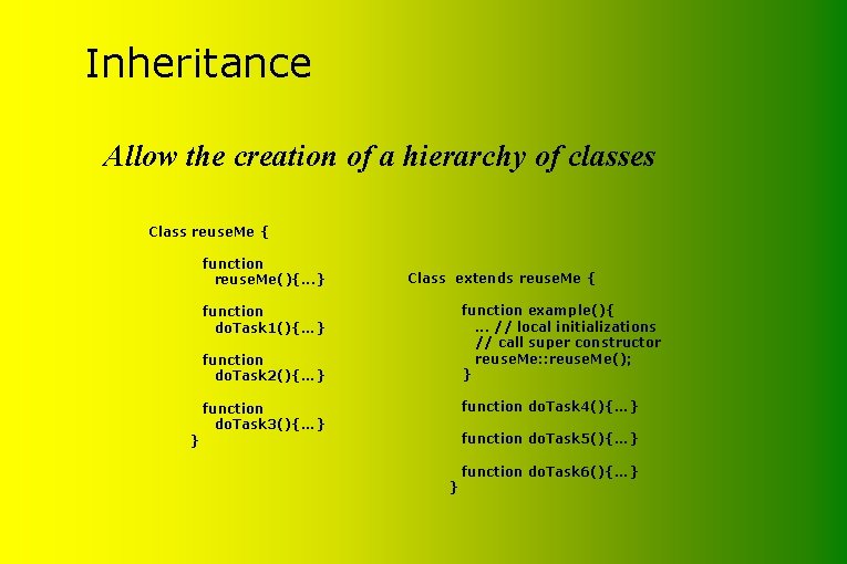 Inheritance Allow the creation of a hierarchy of classes Class reuse. Me { function