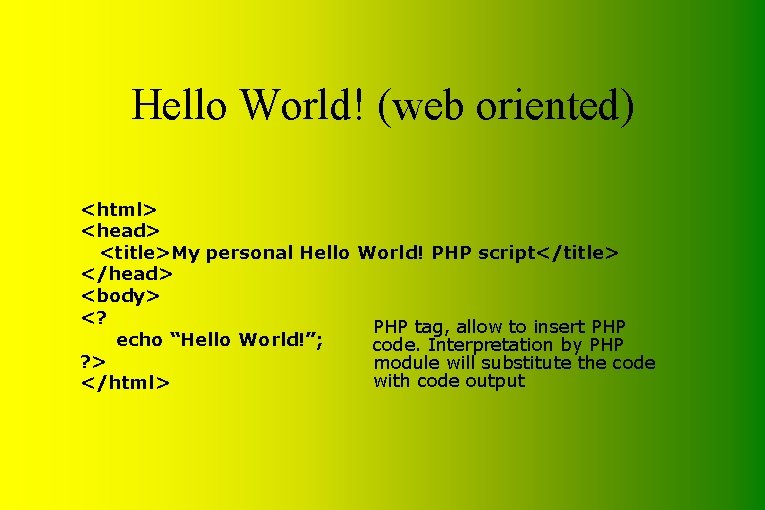 Hello World! (web oriented) <html> <head> <title>My personal Hello World! PHP script</title> </head> <body>