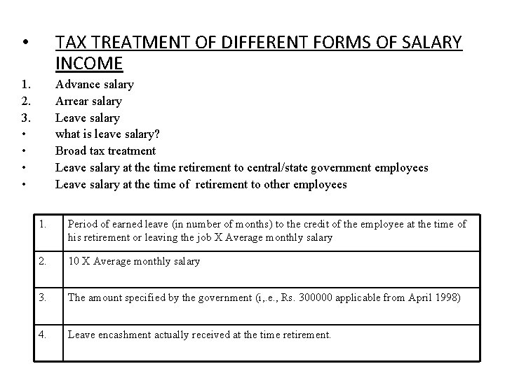  • TAX TREATMENT OF DIFFERENT FORMS OF SALARY INCOME 1. 2. 3. •