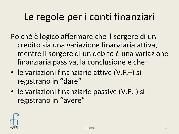 Le regole per i conti finanziari Poiché è logico affermare che il sorgere di