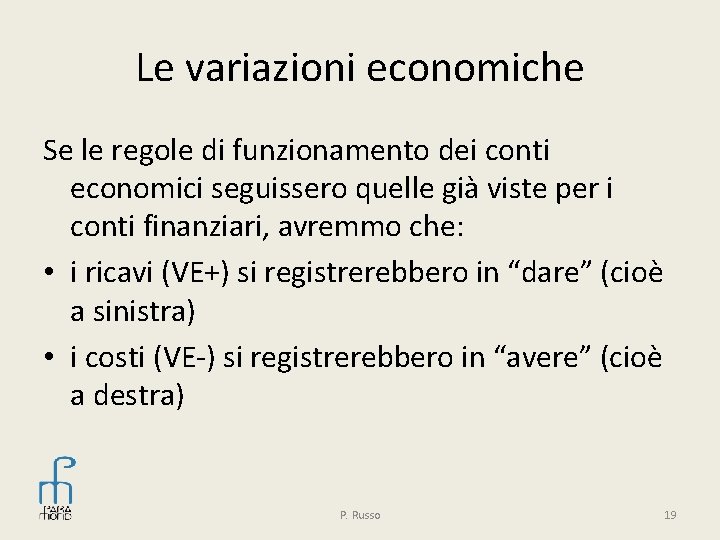 Le variazioni economiche Se le regole di funzionamento dei conti economici seguissero quelle già