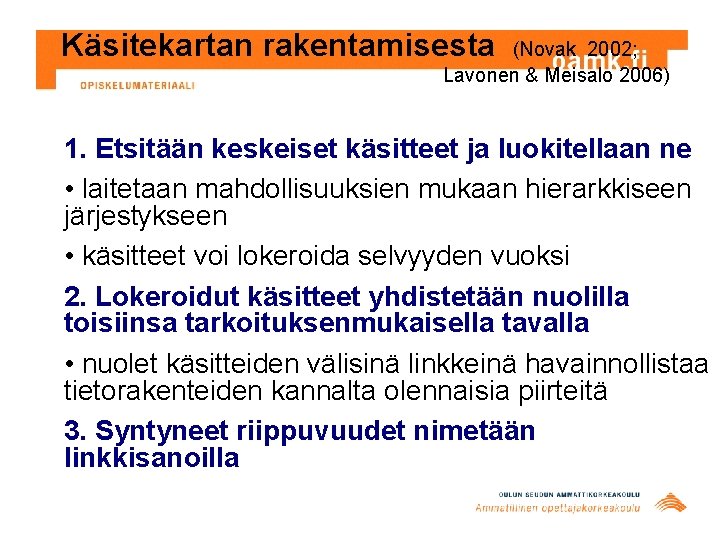 Käsitekartan rakentamisesta (Novak 2002; Lavonen & Meisalo 2006) 1. Etsitään keskeiset käsitteet ja luokitellaan Käsitekartan rakentamisesta (Novak 2002; Lavonen & Meisalo 2006) 1. Etsitään keskeiset käsitteet ja luokitellaan