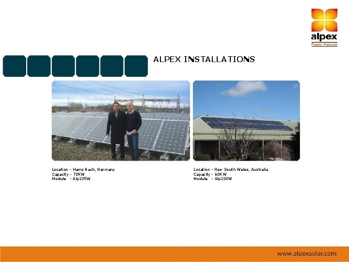 ALPEX INSTALLATIONS Location - Hams Bach, Germany Capacity - 70 KW Module - Alp