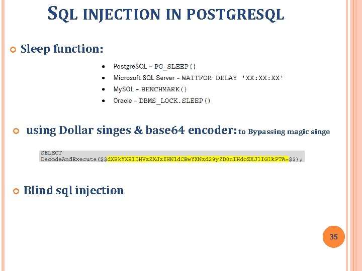 SQL INJECTION IN POSTGRESQL Sleep function: using Dollar singes & base 64 encoder: to