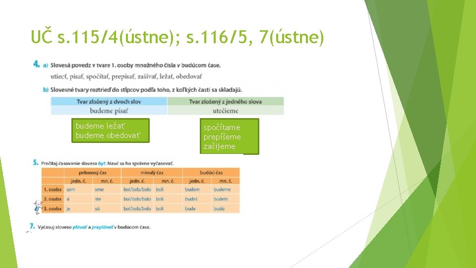 UČ s. 115/4(ústne); s. 116/5, 7(ústne) budeme ležať budeme obedovať spočítame prepíšeme zašijeme UČ s. 115/4(ústne); s. 116/5, 7(ústne) budeme ležať budeme obedovať spočítame prepíšeme zašijeme