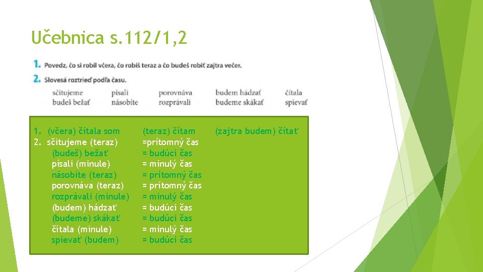 Učebnica s. 112/1, 2 1. (včera) čítala som 2. sčitujeme (teraz) (budeš) bežať písali