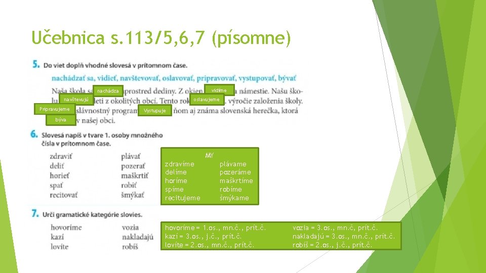 Učebnica s. 113/5, 6, 7 (písomne) vidíme nachádza navštevujú Pripravujeme oslavujeme Vystupuje býva MY