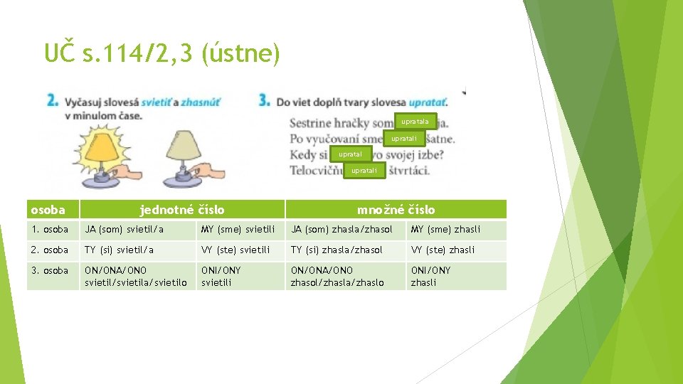 UČ s. 114/2, 3 (ústne) upratala upratali osoba jednotné číslo množné číslo 1. osoba