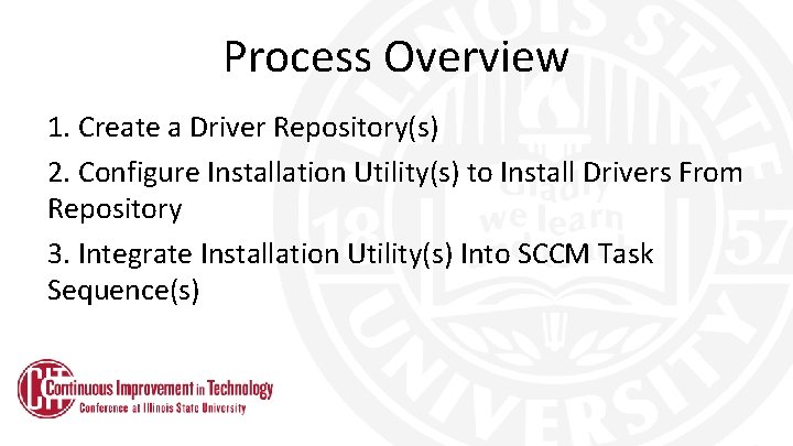 Process Overview 1. Create a Driver Repository(s) 2. Configure Installation Utility(s) to Install Drivers