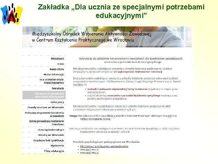 Zakładka „Dla ucznia ze specjalnymi potrzebami edukacyjnymi” 