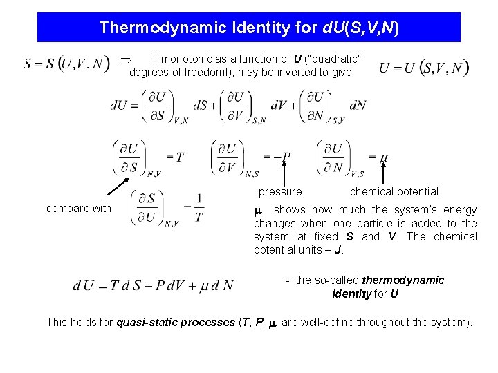 Thermodynamic Identity for d. U(S, V, N) if monotonic as a function of U