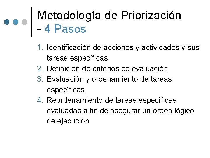 Metodología de Priorización - 4 Pasos 1. Identificación de acciones y actividades y sus