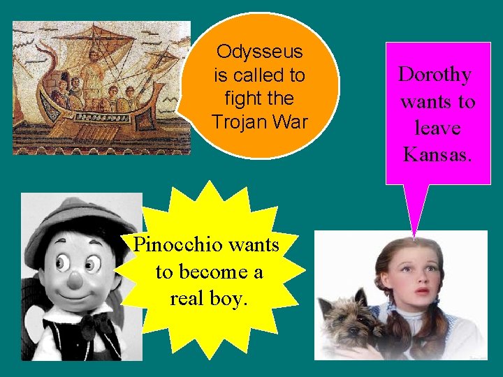 Odysseus is called to fight the Trojan War Pinocchio wants to become a real