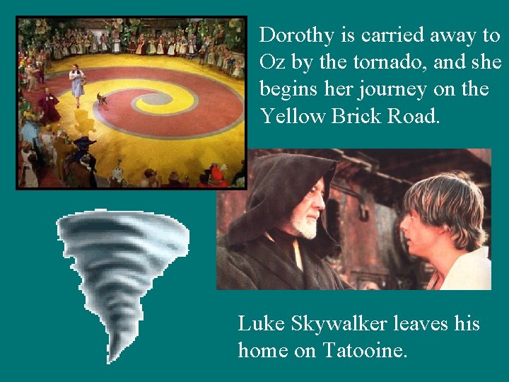 Dorothy is carried away to Oz by the tornado, and she begins her journey