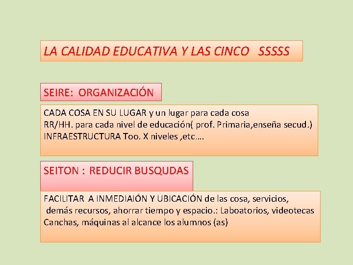 LA CALIDAD EDUCATIVA Y LAS CINCO SSSSS SEIRE: ORGANIZACIÓN CADA COSA EN SU LUGAR
