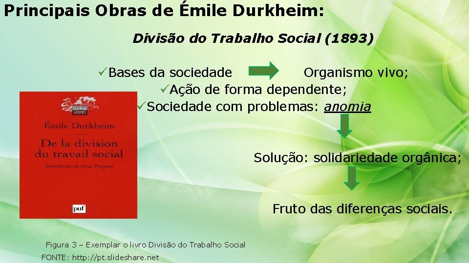 Principais Obras de Émile Durkheim: Divisão do Trabalho Social (1893) üBases da sociedade Organismo