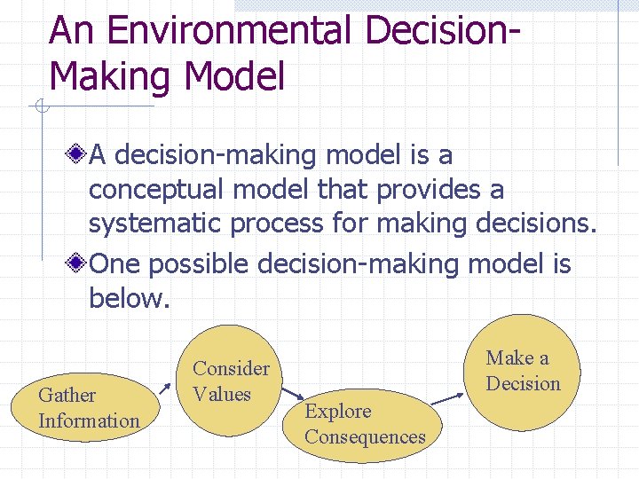 An Environmental Decision. Making Model A decision-making model is a conceptual model that provides