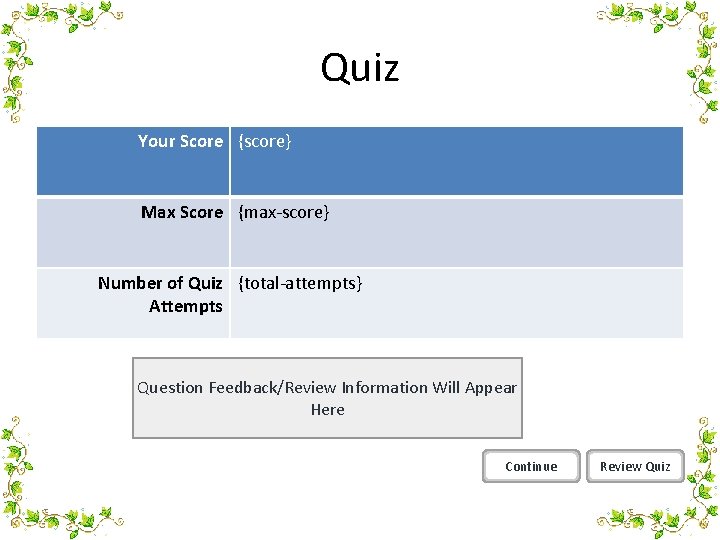 Quiz Your Score {score} Max Score {max-score} Number of Quiz {total-attempts} Attempts Question Feedback/Review