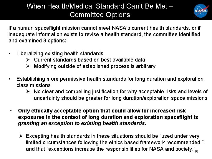 When Health/Medical Standard Can’t Be Met – Committee Options If a human spaceflight mission