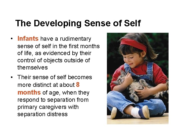 The Developing Sense of Self • Infants have a rudimentary sense of self in