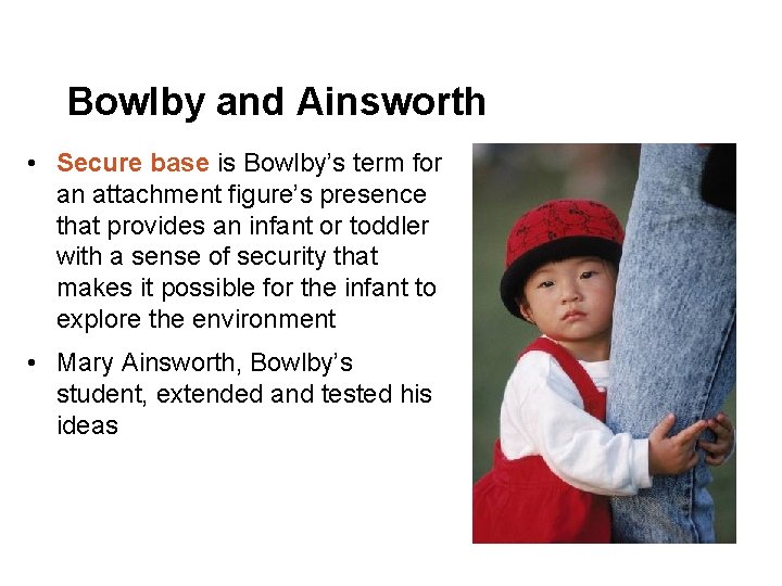 Bowlby and Ainsworth • Secure base is Bowlby’s term for an attachment figure’s presence