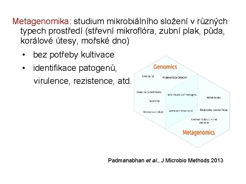 Metagenomika: studium mikrobiálního složení v různých typech prostředí (střevní mikroflóra, zubní plak, půda, korálové