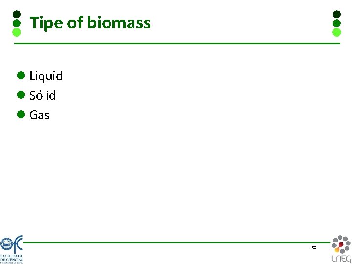 Tipe of biomass l Liquid l Sólid l Gas 30 