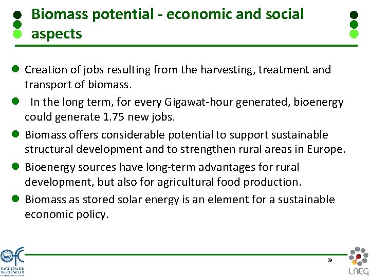 Biomass potential - economic and social aspects l Creation of jobs resulting from the