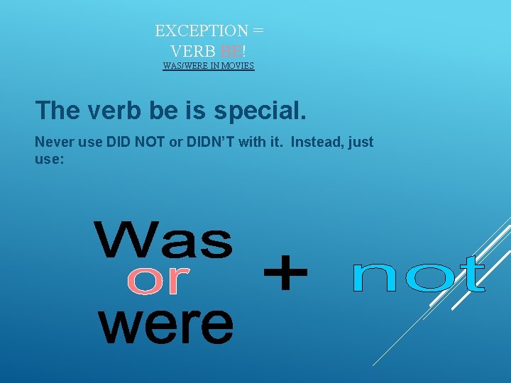 EXCEPTION = VERB BE! WAS/WERE IN MOVIES The verb be is special. Never use