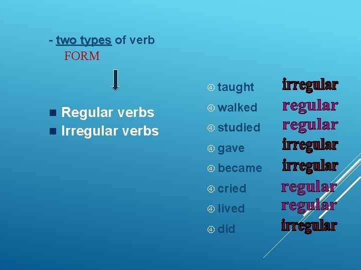 - two types of verb FORM taught Regular verbs n Irregular verbs n walked