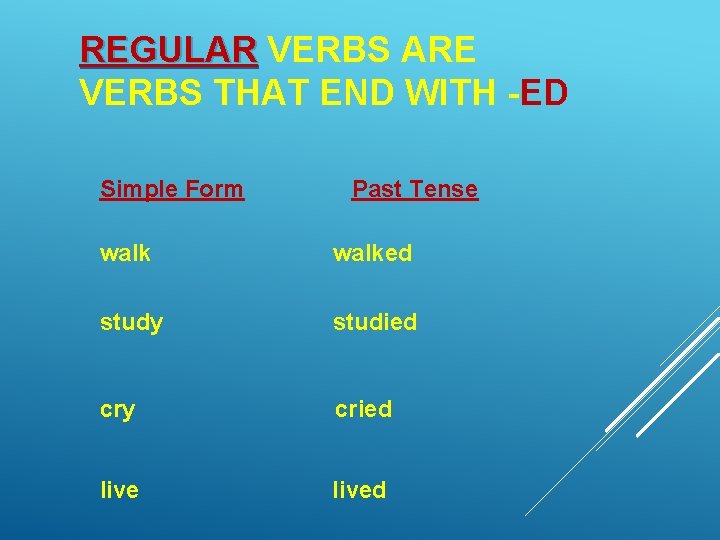 REGULAR VERBS ARE VERBS THAT END WITH -ED Simple Form Past Tense walked study