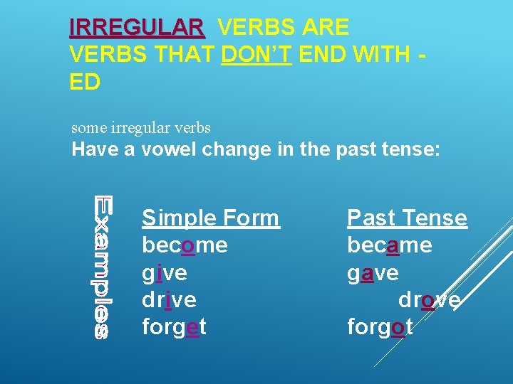 IRREGULAR VERBS ARE VERBS THAT DON’T END WITH ED some irregular verbs Have a