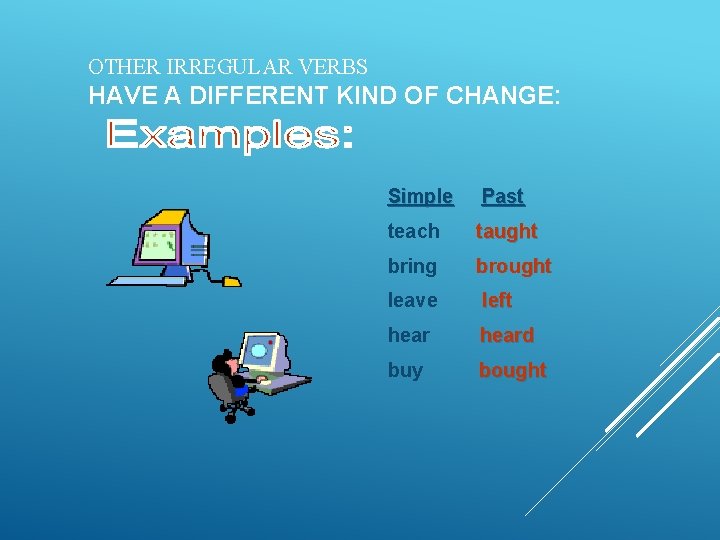 OTHER IRREGULAR VERBS HAVE A DIFFERENT KIND OF CHANGE: Simple Past teach taught bring