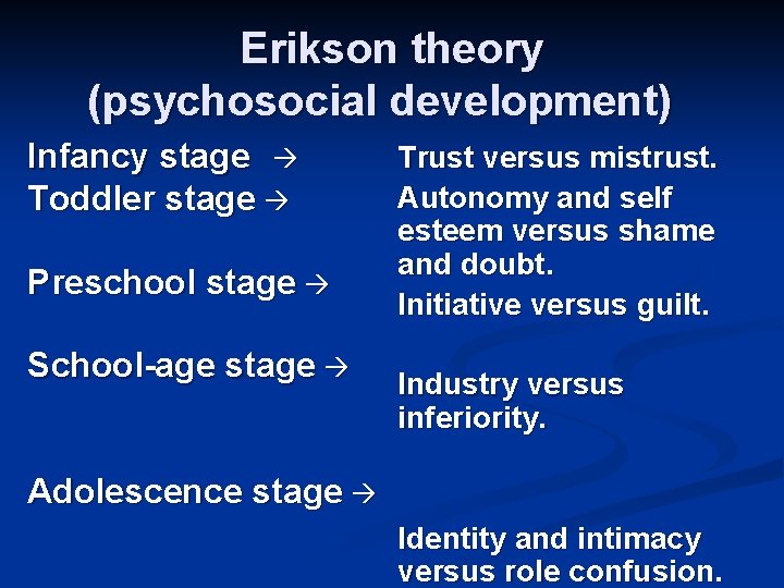 Erikson theory (psychosocial development) Infancy stage Toddler stage Preschool stage School-age stage Trust versus