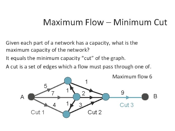 Maximum Flow – Minimum Cut Given each part of a network has a capacity,