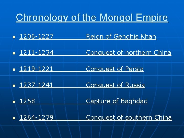 Chronology of the Mongol Empire n 1206 -1227 Reign of Genghis Khan n 1211