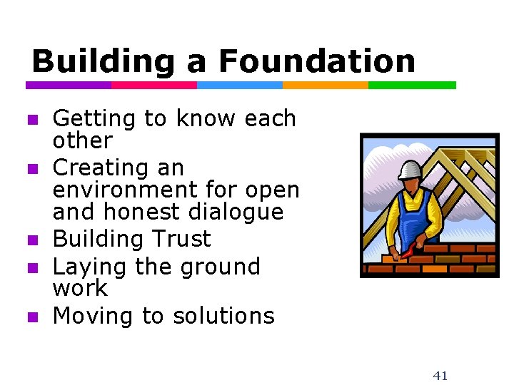 Building a Foundation n n Getting to know each other Creating an environment for