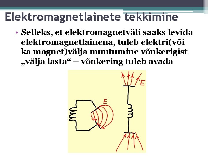 Elektromagnetlainete tekkimine • Selleks, et elektromagnetväli saaks levida elektromagnetlainena, tuleb elektri(või ka magnet)välja muutumine