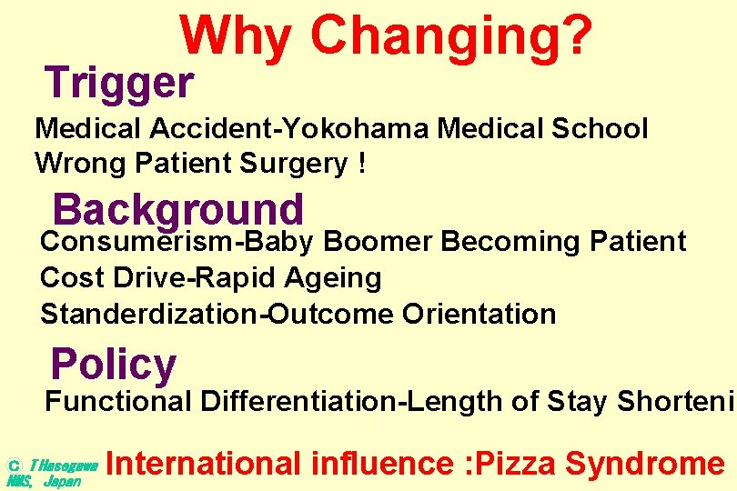 Why Changing? Trigger Medical Accident-Yokohama Medical School Wrong Patient Surgery ! Background Consumerism-Baby Boomer