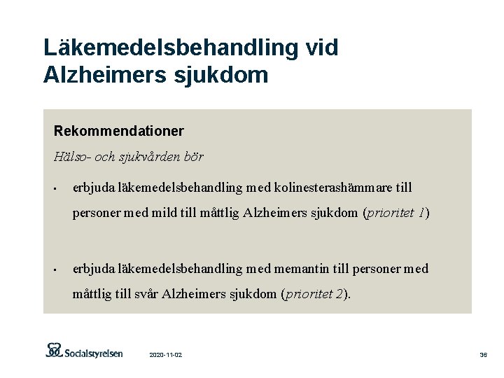 Läkemedelsbehandling vid Alzheimers sjukdom Rekommendationer Hälso- och sjukvården bör • erbjuda läkemedelsbehandling med kolinesterashämmare