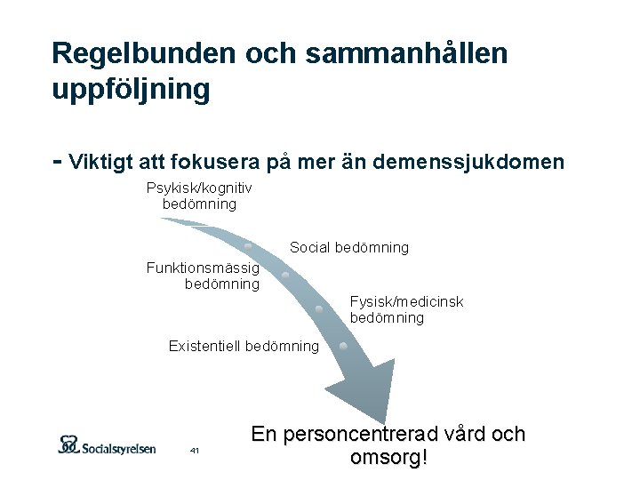 Regelbunden och sammanhållen uppföljning - Viktigt att fokusera på mer än demenssjukdomen Psykisk/kognitiv bedömning