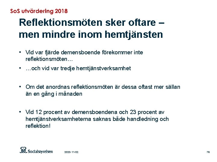 Reflektionsmöten sker oftare – men mindre inom hemtjänsten • Vid var fjärde demensboende förekommer