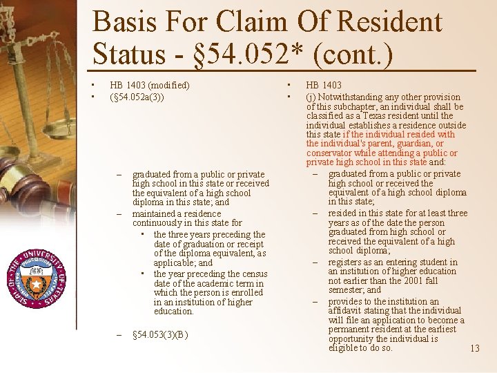 Basis For Claim Of Resident Status - § 54. 052* (cont. ) • •