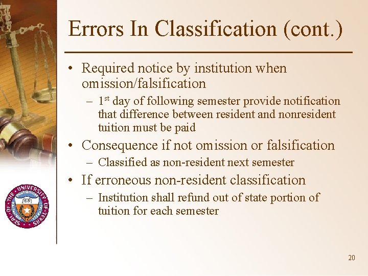 Errors In Classification (cont. ) • Required notice by institution when omission/falsification – 1