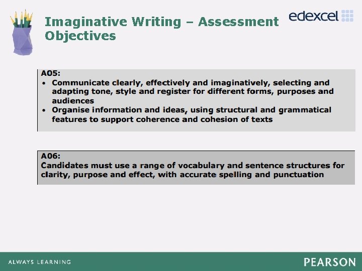 Imaginative Writing – Assessment Objectives Click to edit Master title style • Click to