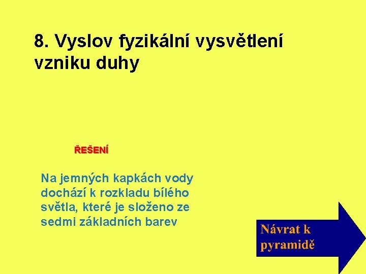 8. Vyslov fyzikální vysvětlení vzniku duhy ŘEŠENÍ Na jemných kapkách vody dochází k rozkladu