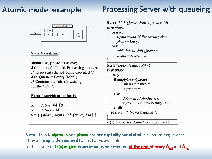 Atomic model example Processing Server with queueing Note: Usually sigma, e and phase are