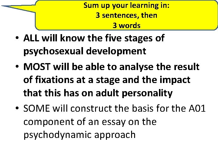 Sum up your learning in: 3 sentences, then Learning Objectives 3 words • ALL