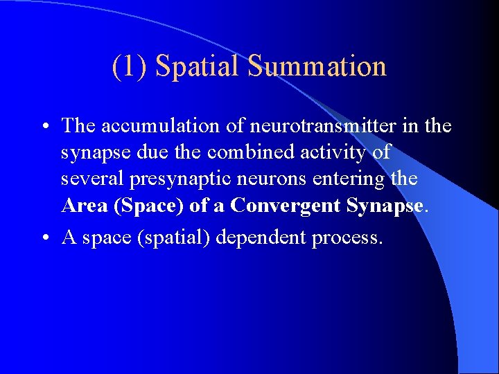 (1) Spatial Summation • The accumulation of neurotransmitter in the synapse due the combined (1) Spatial Summation • The accumulation of neurotransmitter in the synapse due the combined
