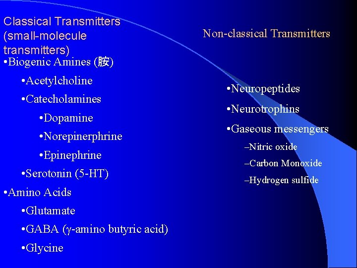 Classical Transmitters (small-molecule transmitters) • Biogenic Amines (胺) • Acetylcholine • Catecholamines • Dopamine Classical Transmitters (small-molecule transmitters) • Biogenic Amines (胺) • Acetylcholine • Catecholamines • Dopamine